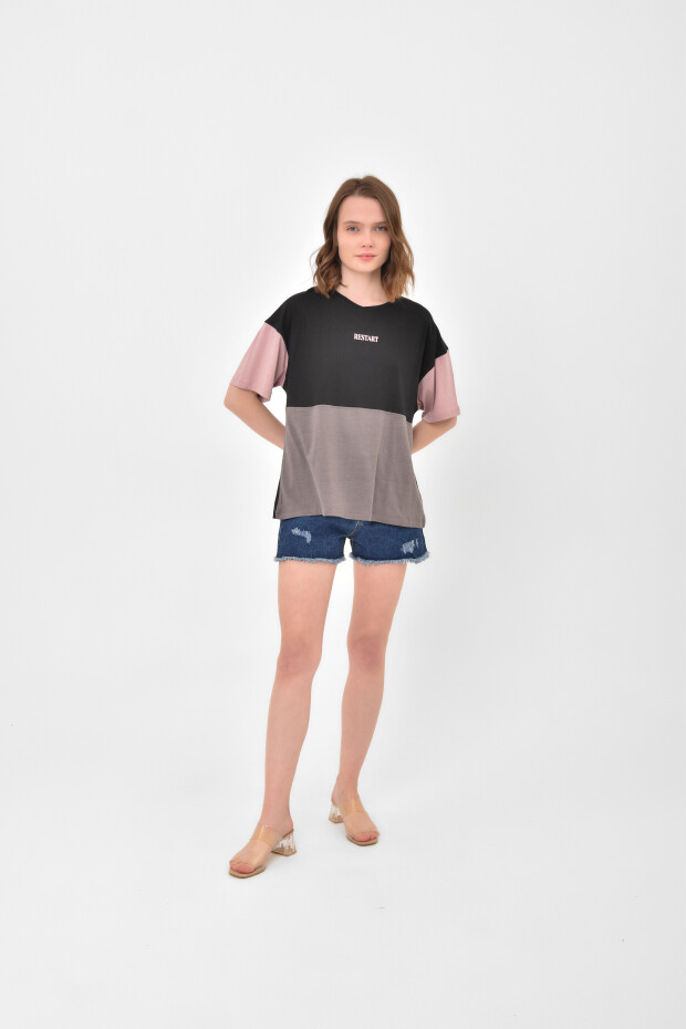 Siyah Çok Renkli O Yaka Oversize Kadın Basic T-Shirt - 02309