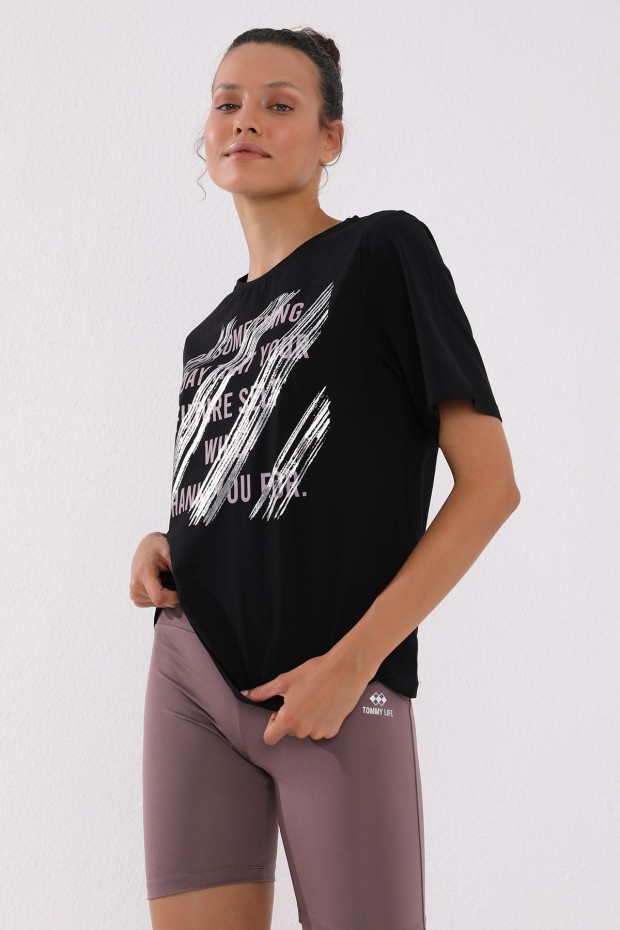 Siyah Deforme Yazı Baskılı O Yaka Kadın Oversize T-Shirt - 97133