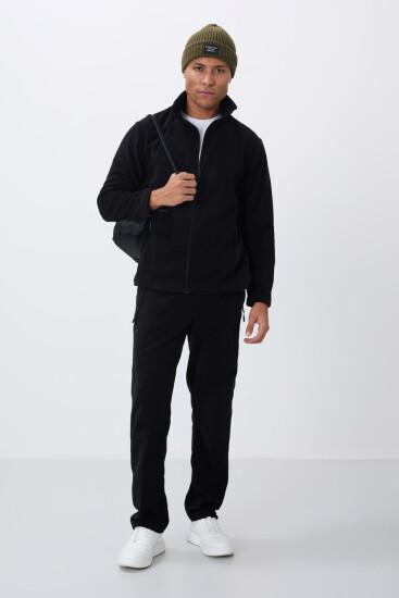 Siyah Dik Yaka Basic Fermuar Cepli Standart Kalıp Erkek Polar Eşofman Takımı - 85193 