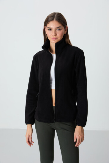 Siyah Dik Yaka Fermuarlı Rahat Form Kadın Polar Sweatshirt - 97173 
