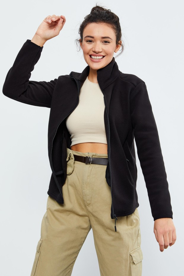 Siyah Dik Yaka Fermuarlı Rahat Form Kadın Polar Sweatshirt - 97173