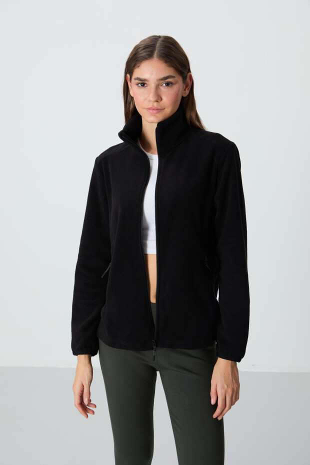 Siyah Dik Yaka Fermuarlı Rahat Form Kadın Polar Sweatshirt - 97173 - 1