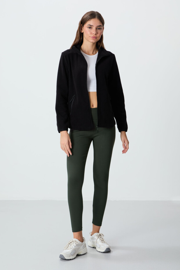 Siyah Dik Yaka Fermuarlı Rahat Form Kadın Polar Sweatshirt - 97173 - 2