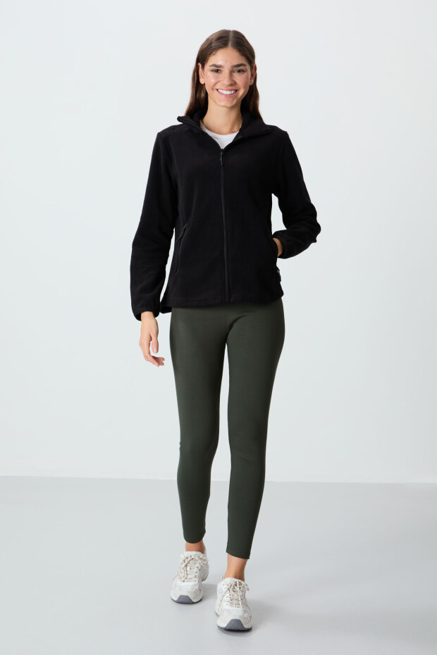 Siyah Dik Yaka Fermuarlı Rahat Form Kadın Polar Sweatshirt - 97173 - 4