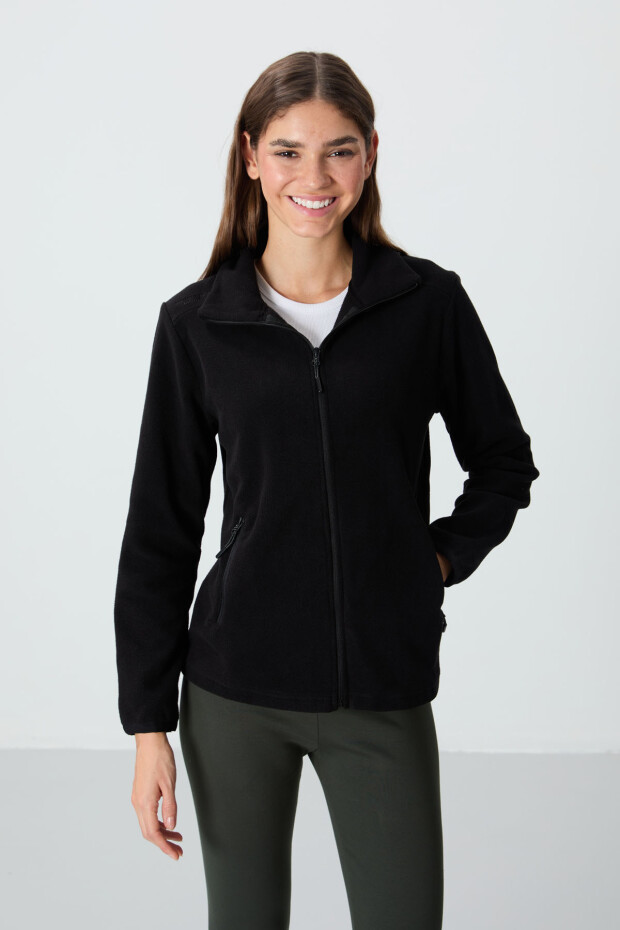 Siyah Dik Yaka Fermuarlı Rahat Form Kadın Polar Sweatshirt - 97173 - 3