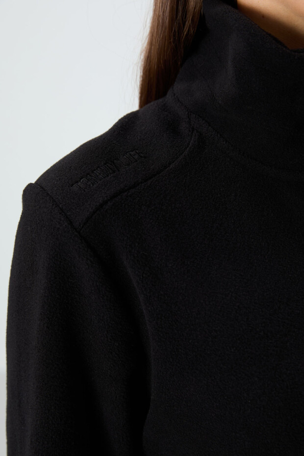 Siyah Dik Yaka Fermuarlı Rahat Form Kadın Polar Sweatshirt - 97173 - 5