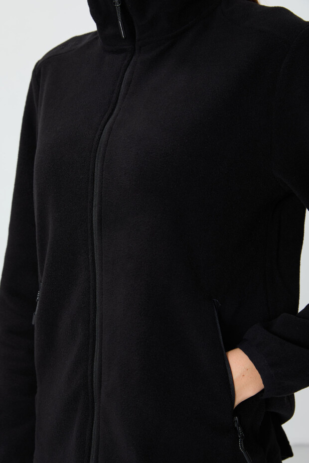 Siyah Dik Yaka Fermuarlı Rahat Form Kadın Polar Sweatshirt - 97173 - 6