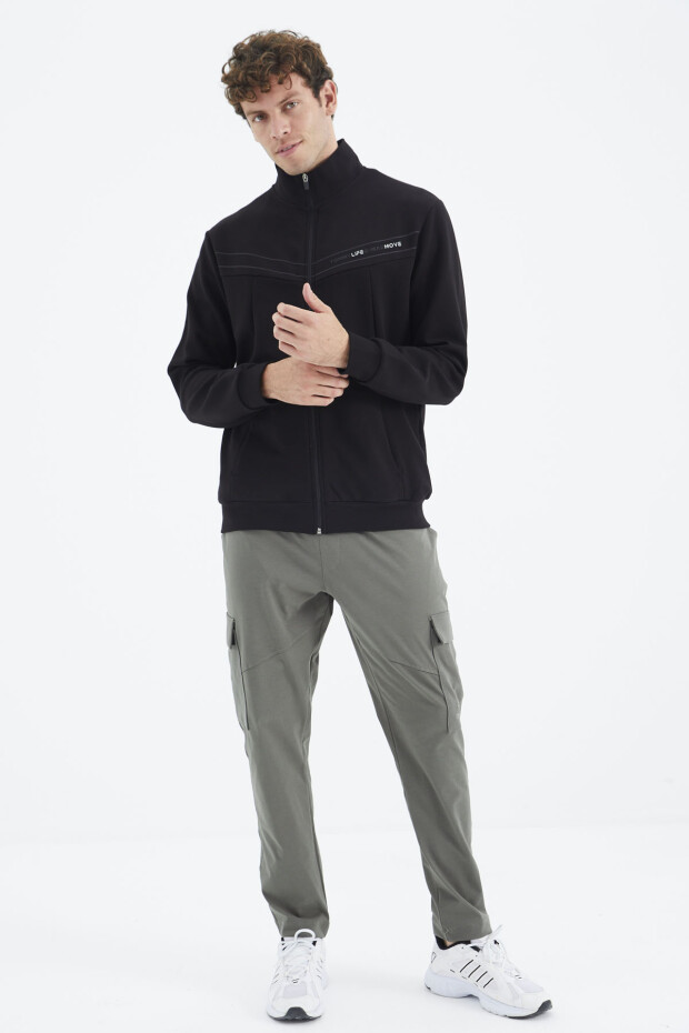 Siyah Dik Yaka Renk Bloklu Gizli Cep Detaylı Rahat Kalıp Erkek Sweatshirt - 88290