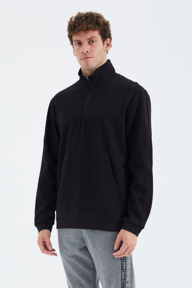 Siyah Dik Yaka Yarım Fermuarlı Cep Detaylı Erkek Sweatshirt - 88278