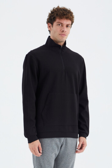 Siyah Dik Yaka Yarım Fermuarlı Cep Detaylı Erkek Sweatshirt - 88278 - Thumbnail