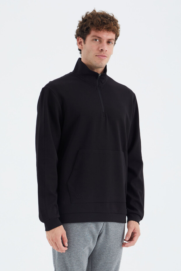 Siyah Dik Yaka Yarım Fermuarlı Cep Detaylı Erkek Sweatshirt - 88278