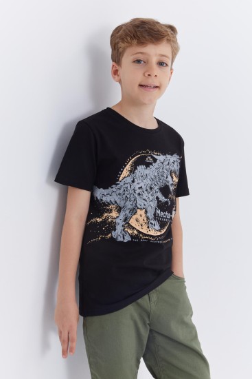 Siyah Dinazor Baskılı Kısa Kol Standart Kalıp O Yaka Erkek Çocuk T-Shirt - 10865 
