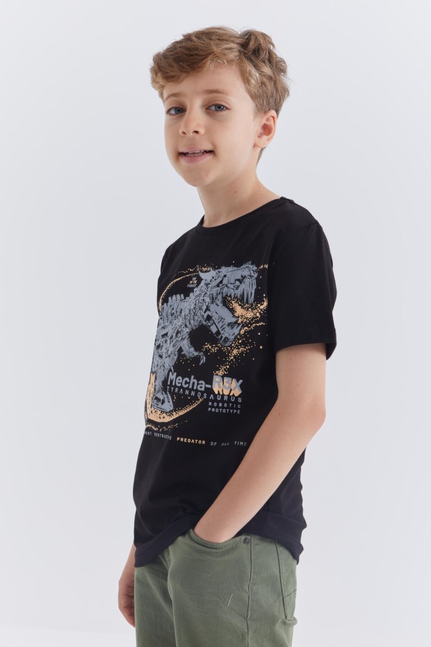 Siyah Dinazor Baskılı Kısa Kol Standart Kalıp O Yaka Erkek Çocuk T-Shirt - 10865