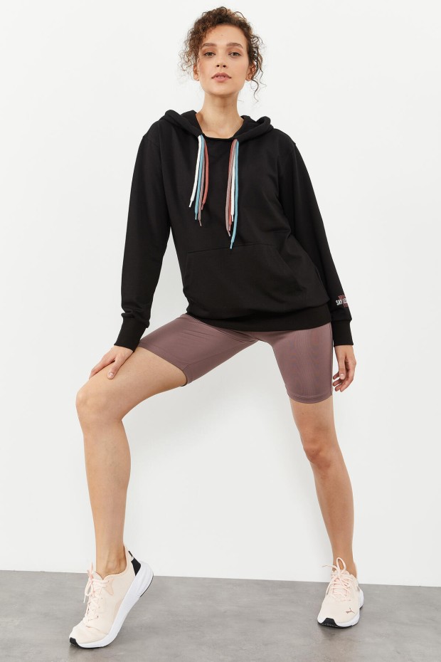 Siyah Dört Renk Bağcıklı Kadın Oversize Sweatshirt - 97157