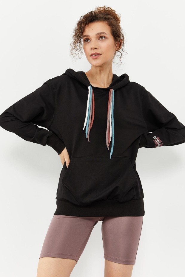 Siyah Dört Renk Bağcıklı Kadın Oversize Sweatshirt - 97157