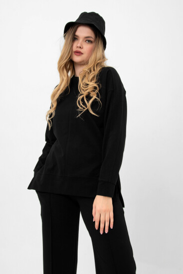 Siyah Düşük Omuzlu Derin Yırtmaçlı Rahat Kalıp Kadın Sweatshirt - 02136 - Thumbnail