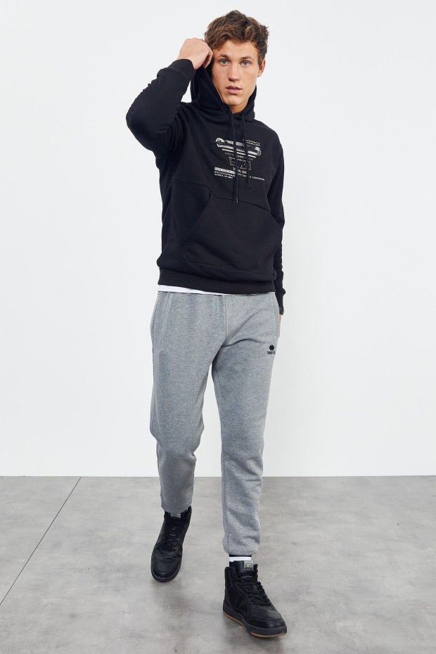 Siyah Baskılı Kapüşonlu Kanguru Cep Rahat Form Erkek Sweatshirt - 88019