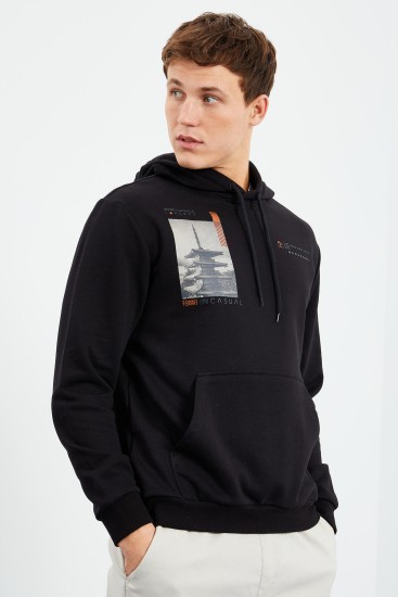 Siyah Desen Baskılı Kapüşonlu Rahat Form Erkek Sweatshirt - 88015 