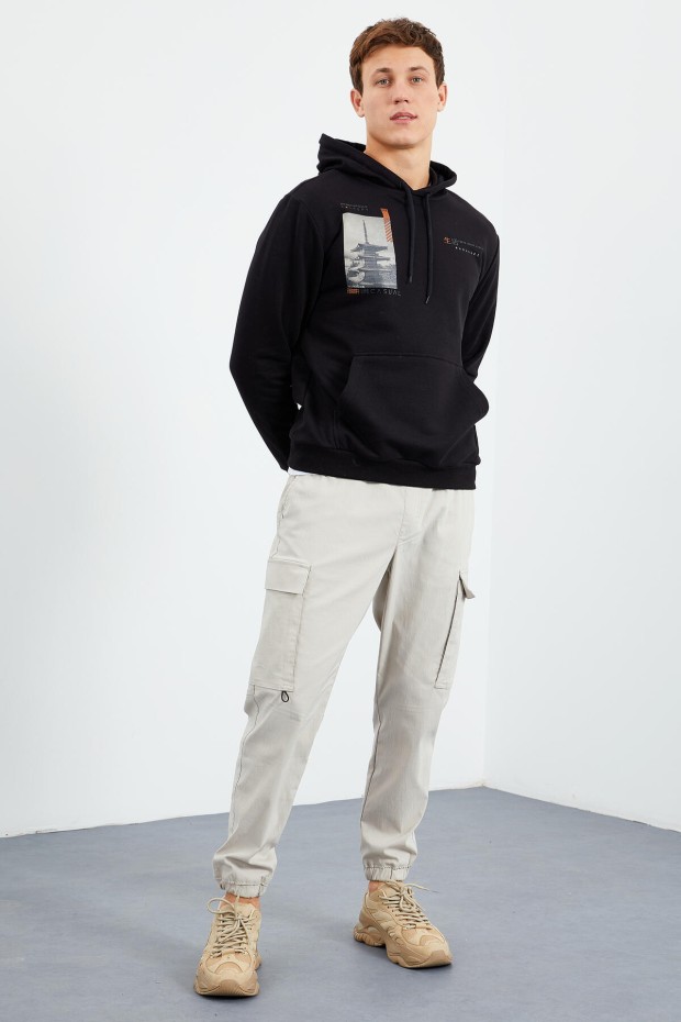 Siyah Desen Baskılı Kapüşonlu Rahat Form Erkek Sweatshirt - 88015