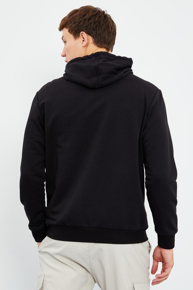 Siyah Desen Baskılı Kapüşonlu Rahat Form Erkek Sweatshirt - 88015