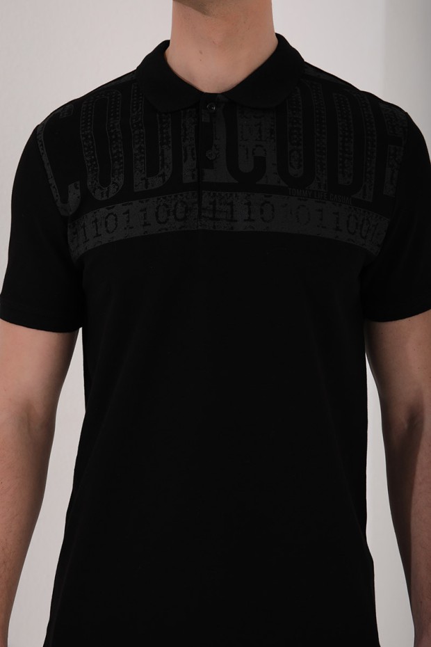 Siyah Eskitme Yazı Baskılı Standart Kalıp Polo Yaka Erkek T-Shirt - 87929