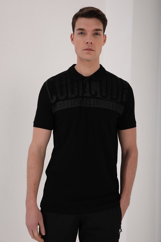Siyah Eskitme Yazı Baskılı Standart Kalıp Polo Yaka Erkek T-Shirt - 87929
