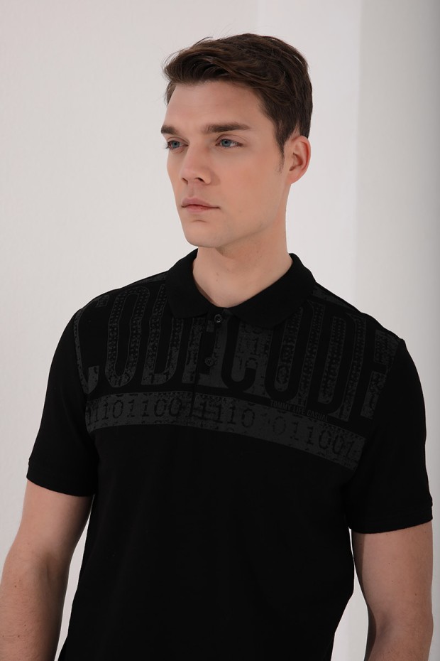 Siyah Eskitme Yazı Baskılı Standart Kalıp Polo Yaka Erkek T-Shirt - 87929