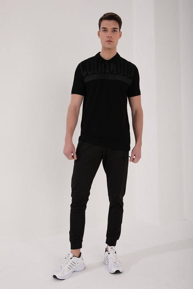 Siyah Eskitme Yazı Baskılı Standart Kalıp Polo Yaka Erkek T-Shirt - 87929