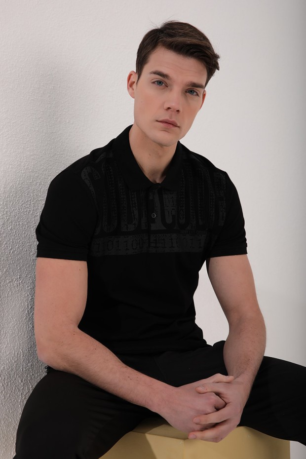 Siyah Eskitme Yazı Baskılı Standart Kalıp Polo Yaka Erkek T-Shirt - 87929