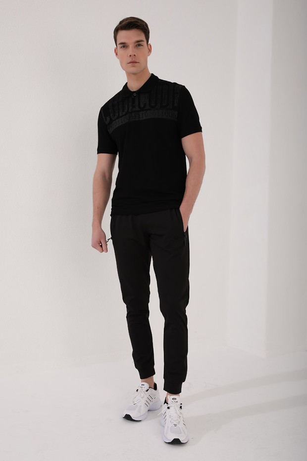 Siyah Eskitme Yazı Baskılı Standart Kalıp Polo Yaka Erkek T-Shirt - 87929