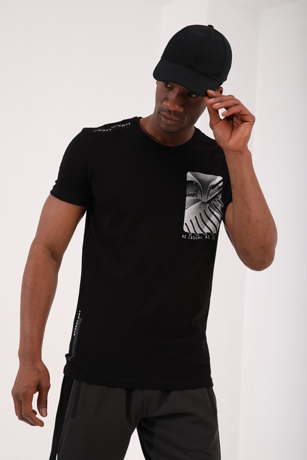 Siyah Göğüs Baskılı Koordinat Detaylı Standart Kalıp O Yaka Erkek T-Shirt - 87894