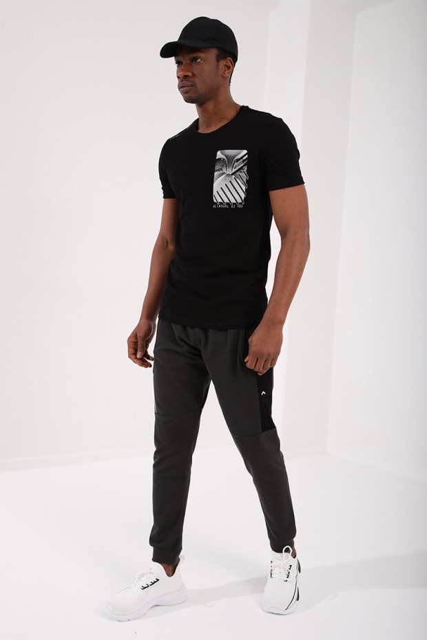 Siyah Göğüs Baskılı Koordinat Detaylı Standart Kalıp O Yaka Erkek T-Shirt - 87894
