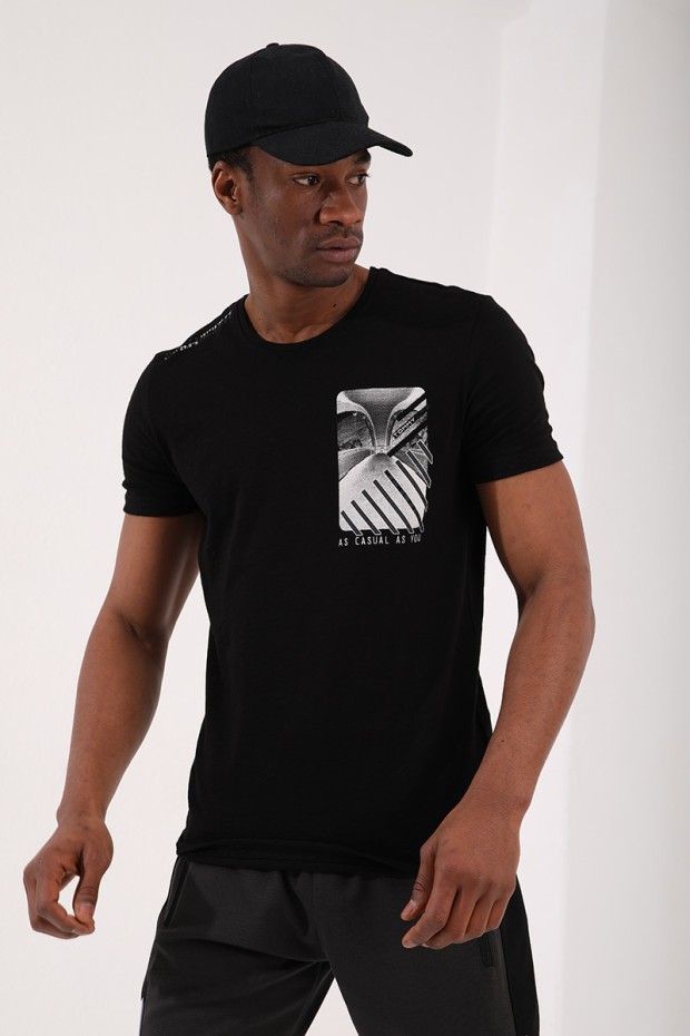 Siyah Göğüs Baskılı Koordinat Detaylı Standart Kalıp O Yaka Erkek T-Shirt - 87894