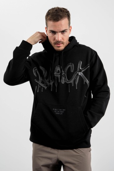 Siyah Graffiti Yazı Baskılı Kapüşonlu Rahat Form Erkek Sweatshirt - 88031 