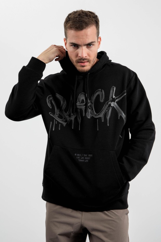 Siyah Graffiti Yazı Baskılı Kapüşonlu Rahat Form Erkek Sweatshirt - 88031