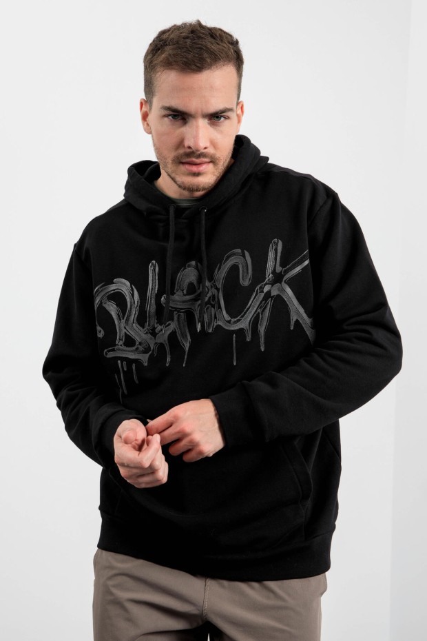 Siyah Graffiti Yazı Baskılı Kapüşonlu Rahat Form Erkek Sweatshirt - 88031