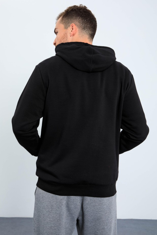 Siyah Kaplan Baskılı Kapüşonlu Rahat Form Erkek Sweatshirt - 88036