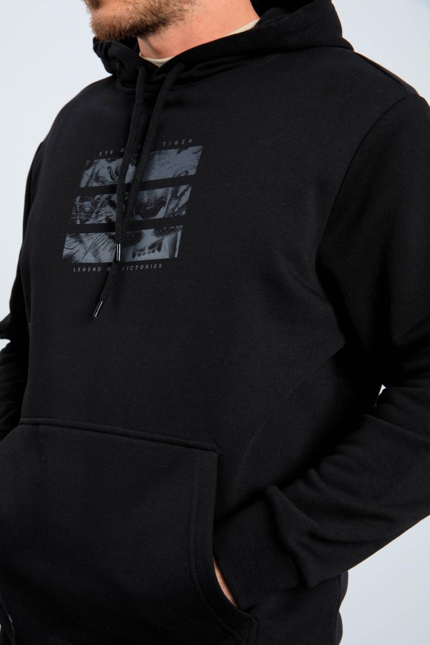 Siyah Kaplan Baskılı Kapüşonlu Rahat Form Erkek Sweatshirt - 88036