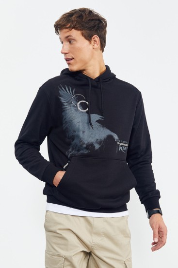 Siyah Kuzgun Baskılı Kapüşonlu Kanguru Cepli Rahat Form Erkek Sweatshirt - 88014 