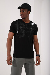 Siyah Erkek Renkli Püskürtme Baskılı Standart Kalıp O Yaka T-Shirt - 87908 - 4