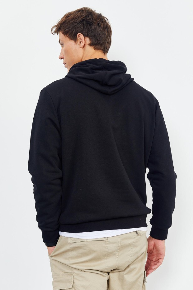 Siyah Yazı ve Desen Baskılı Kapüşonlu Rahat Form Erkek Sweatshirt - 88011