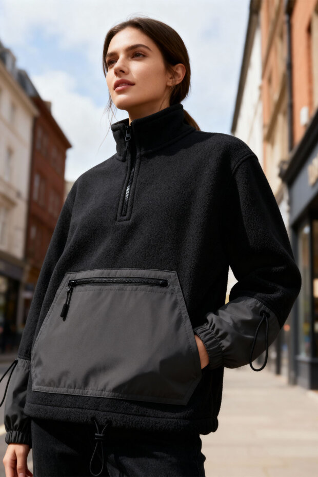 Siyah Etek Ucu Büzgülü Yarım Fermuarlı Oversize Kadın Polar Sweatshirt - 97238 - 1