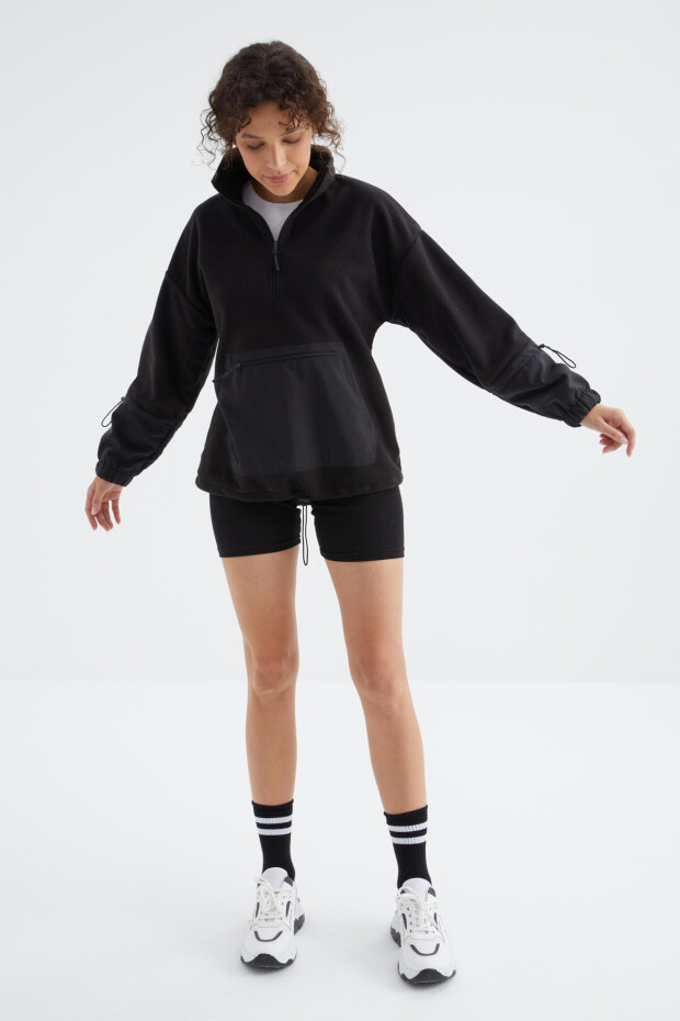 Siyah Etek Ucu Büzgülü Yarım Fermuarlı Oversize Kadın Polar Sweatshirt - 97238 - 3