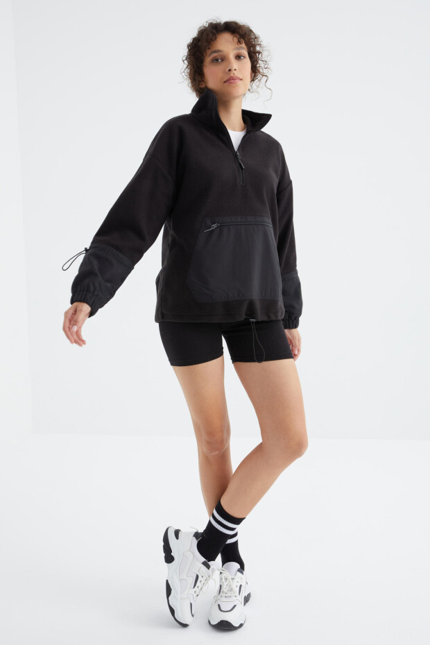 Siyah Etek Ucu Büzgülü Yarım Fermuarlı Oversize Kadın Polar Sweatshirt - 97238 - 5