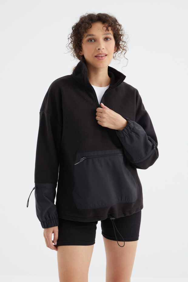 Siyah Etek Ucu Büzgülü Yarım Fermuarlı Oversize Kadın Polar Sweatshirt - 97238 - 6