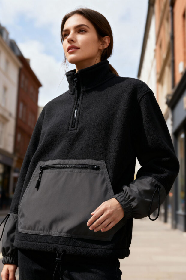 Siyah Etek Ucu Büzgülü Yarım Fermuarlı Oversize Kadın Polar Sweatshirt - 97238 - 1