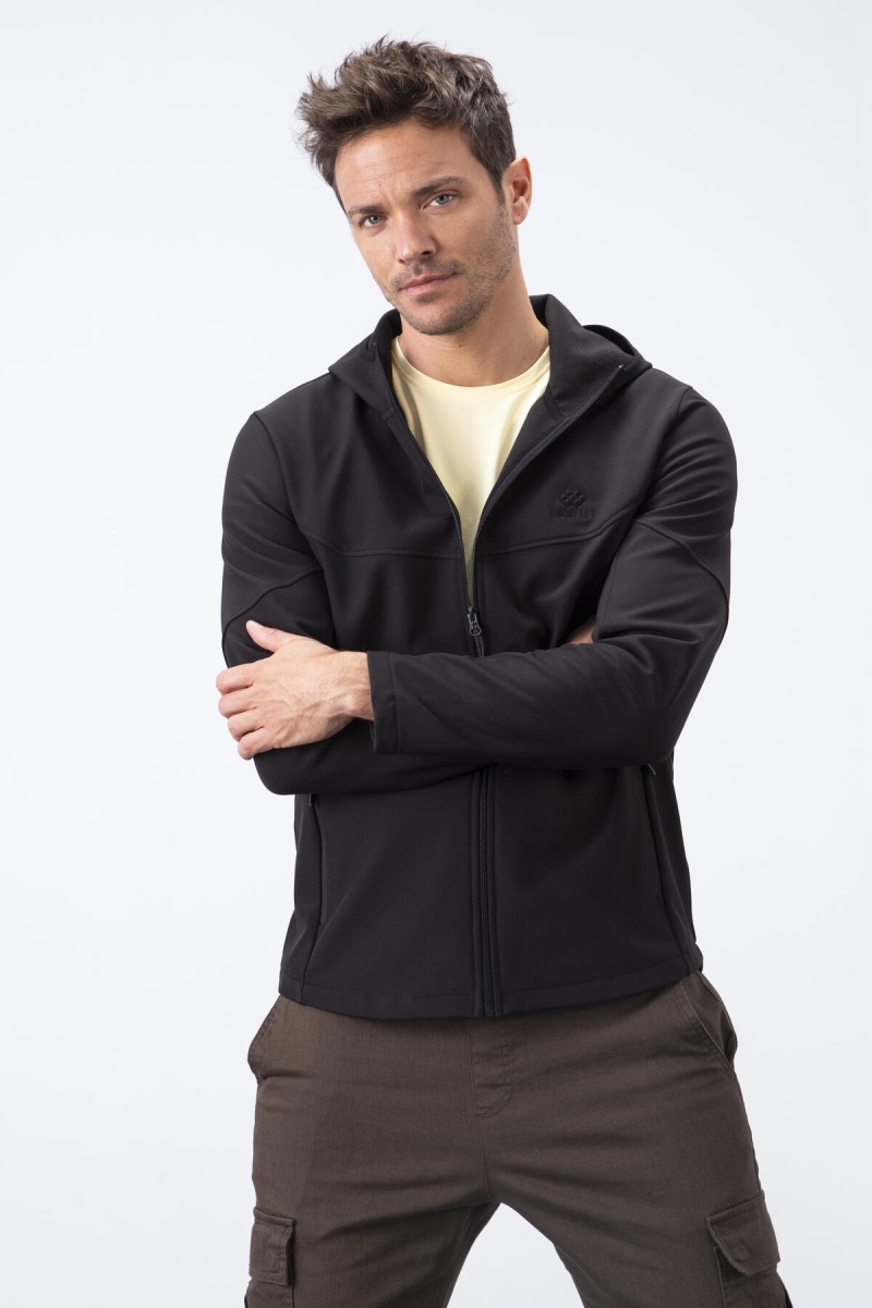 Siyah Fermuarlı Kapüşonlu Su ve Rüzgar Geçirmez Softshell Erkek Mont - 88051 - 5