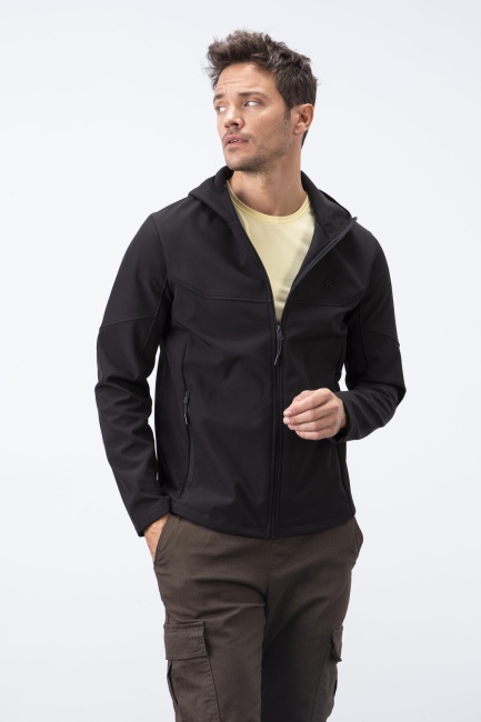 Siyah Fermuarlı Kapüşonlu Su ve Rüzgar Geçirmez Softshell Erkek Mont - 88051 