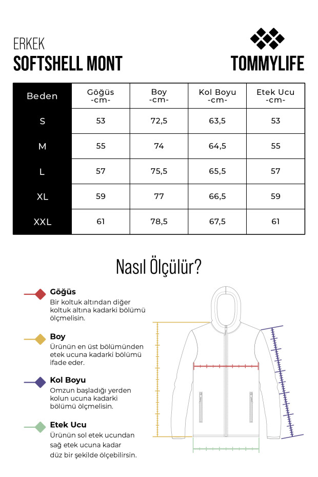 Siyah Fermuarlı Kapüşonlu Su ve Rüzgar Geçirmez Softshell Erkek Mont - 88051