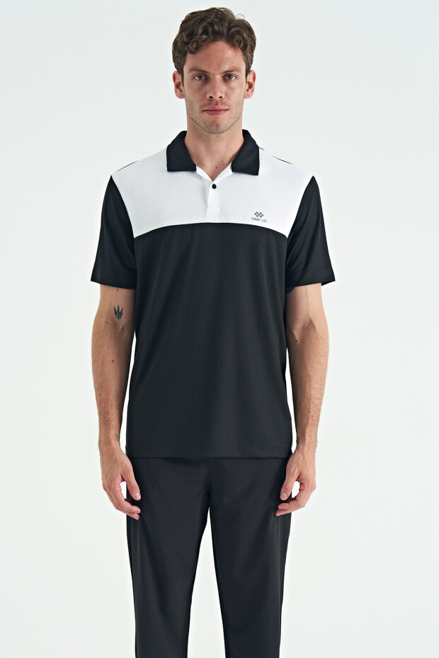 Siyah Garni Detaylı Polo Yaka Standart Kalıp Aktif Spor Erkek T-Shirt - 88251